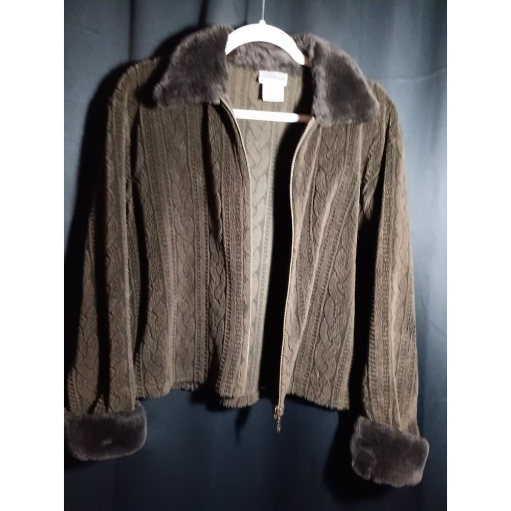 Willi Smith Women Large Cable Knit Zip Sweater Faux Fur Trim Y2K Boho Après Ski - Picture 5 of 6